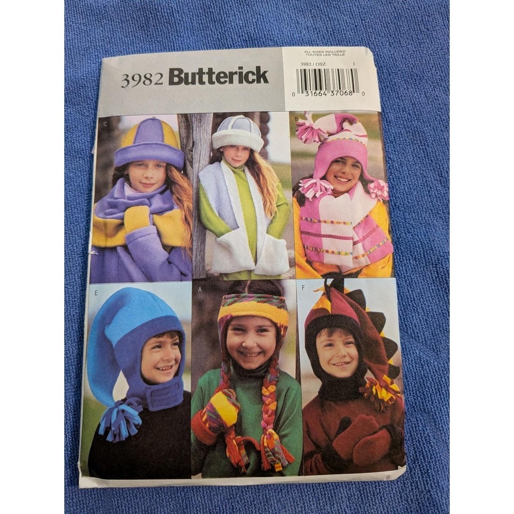 Butterick 3982 Kids Hats Scarves Mittens Sewing Pattern Uncut Size S-XL OSZ